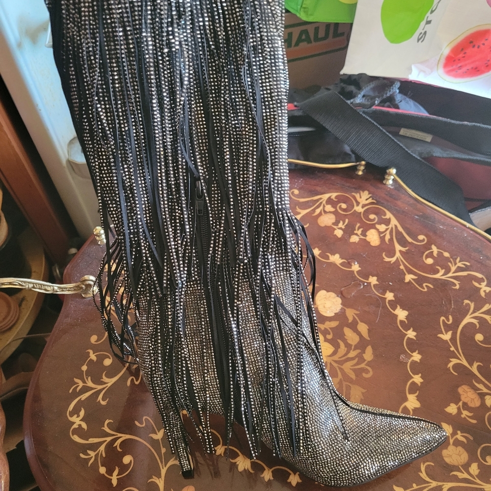 INC rhinestone boot size 7 black with rhinestone tassles
